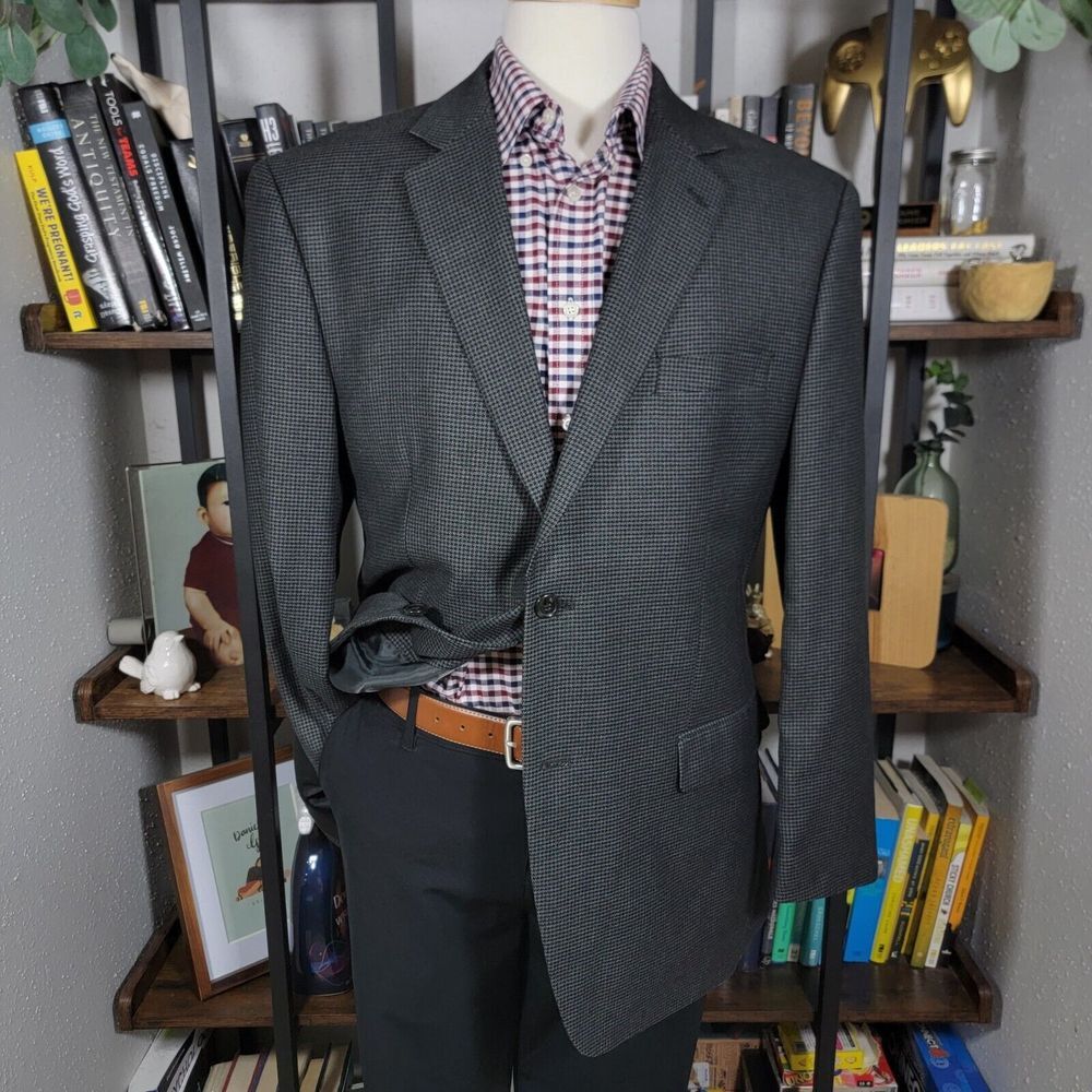 Izod Men's Sport‎ Coat Blazer Charcoal Gray Black Houndstooth Poly Blend 43R
